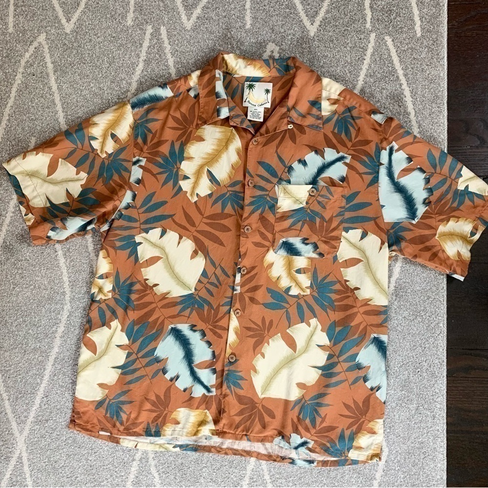 Vintage Banana Cabana Orange Hawaiian Button Down Short Sleeve Silk Shirt